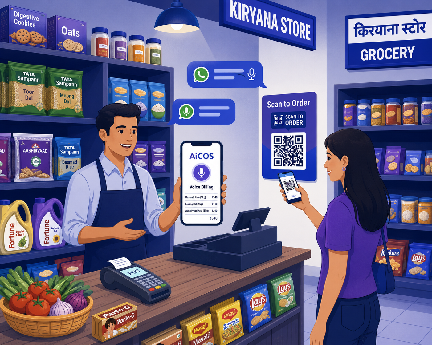 Shop owner using AiCOS voice ordering at kiryana store